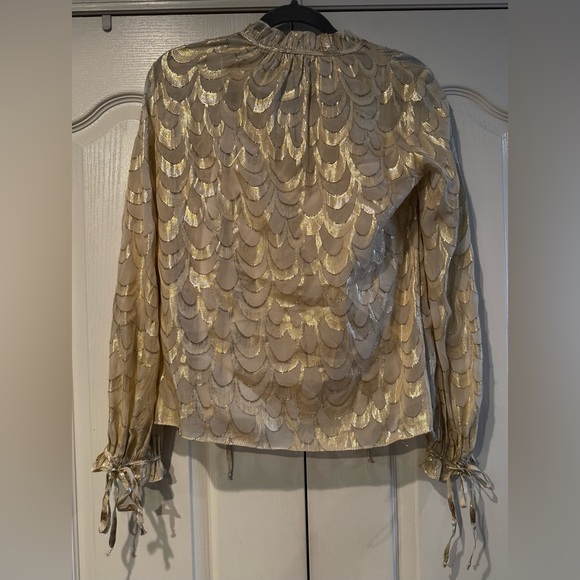 Milly Gold and Cream Silk Blend Patterned Tie Neck Blouse - Size XS - Picture 4 of 5